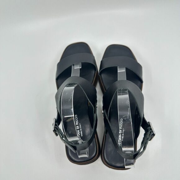 Christian Di Riccio Sandals Womens US 8 Black Leather Platform Wedge Slingback - Picture 5 of 9